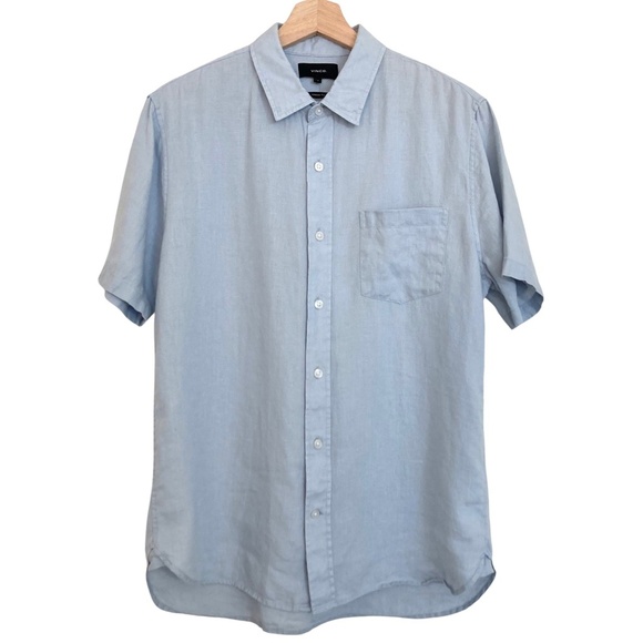 Vince Linen Button Up Shirt Short Sleeve Classic Fit Blue - Picture 4 of 9